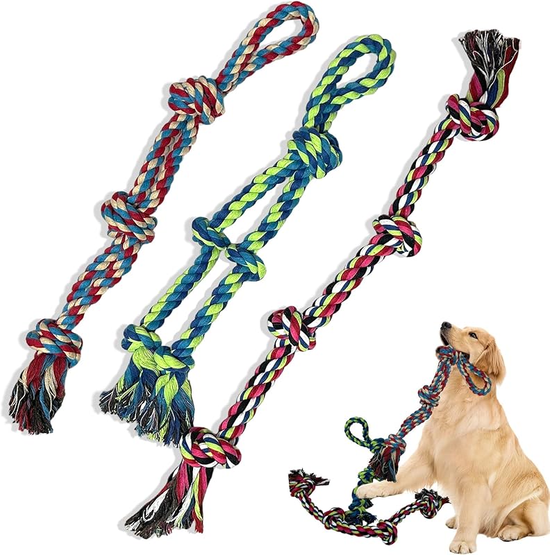 Puppy 3 Pack Cotton Knot Rope Toys for Small Dogs & Puppies, Durable Teething & Tug of War Chew Toy, Safe Interactive Toy for 2-8 Months Pets and High Active Puppy (Pink, Small)