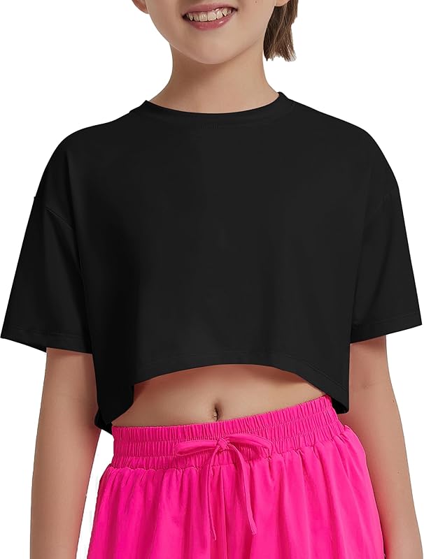 EXARUS Girls Athletic Shirts Short Sleeve Crop Tops/Split Back Quick Dry T Shirt Workout Summer Casual Kids 6-14Y
