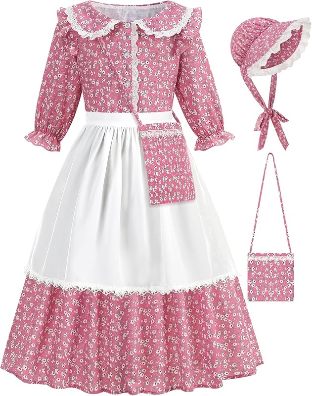 Girls Pioneer Costume Floral Colonial Prairie Dress for Little Kids with Apron and Bonnet
