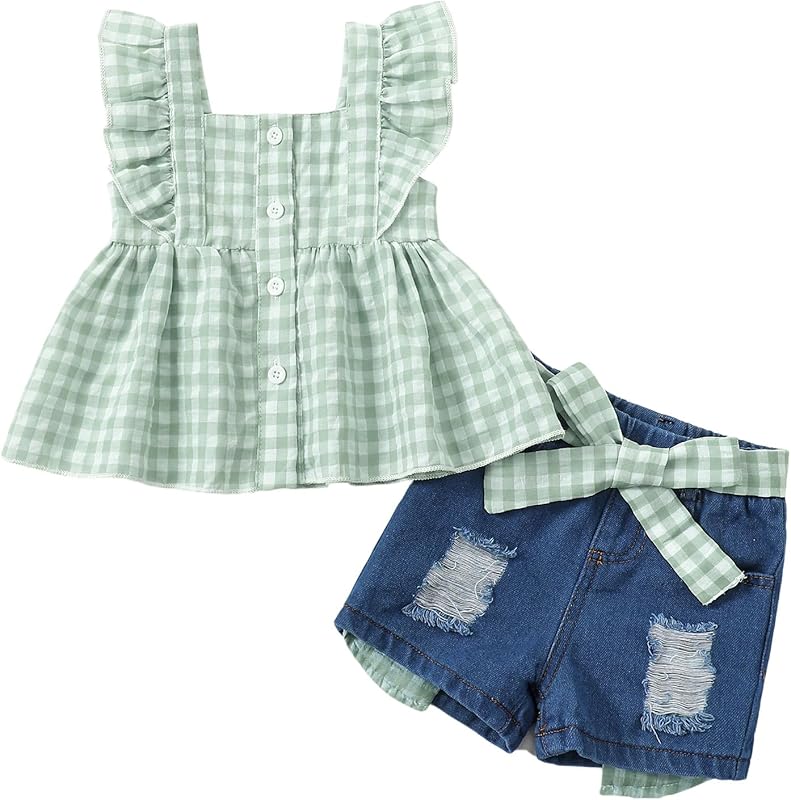 Kucnuzki Baby Girl Clothes Toddler Girl Summer Two Piece Outfit Kids Ruffle Sleeveless Plaid Tops Denim Jeans Shorts Set