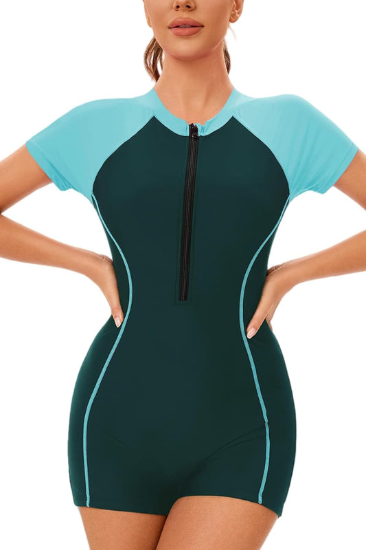 FEOYA Women's Short Sleeve Rash Guard One Piece Boyleg Bottoms Surfing Swimsuit UPF 50+ Bathing Suit for Swimming - TrendyLookz