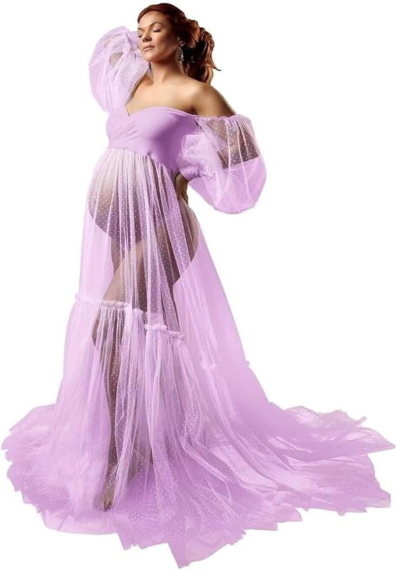 Off Shoulder Tulle Maternity Dress for Photoshoot Puffy Sleeve Wedding Bridal Pregnancy Robe Baby Shower Photography