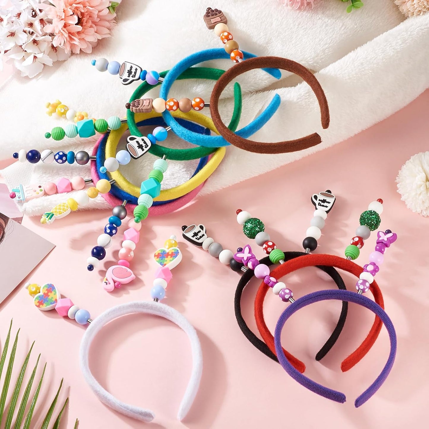 Beadthoven 5Pcs DIY Beadable Headbands Cute Fabric Wrapped Plastic Beaded Headbands Elastic Bead Headband for Women DIY Hair Accessories Party Birthday Christmas Decorations Hot Pink