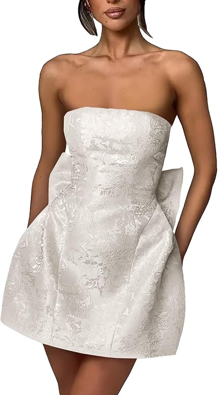 Xijun Short Jacquard Satin Homecoming Dresses for Teens Strapless Embroidery Mini Prom Cocktail Party Gown with Bow
