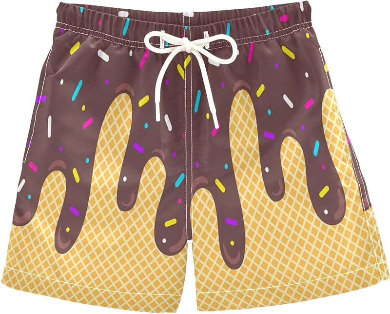 Ice Cream Boy Swim Trunks Waffle Or Cone Quick Dry Bathing Suit Swimsuit,Toddler Beach Board Shorts 2-16Years