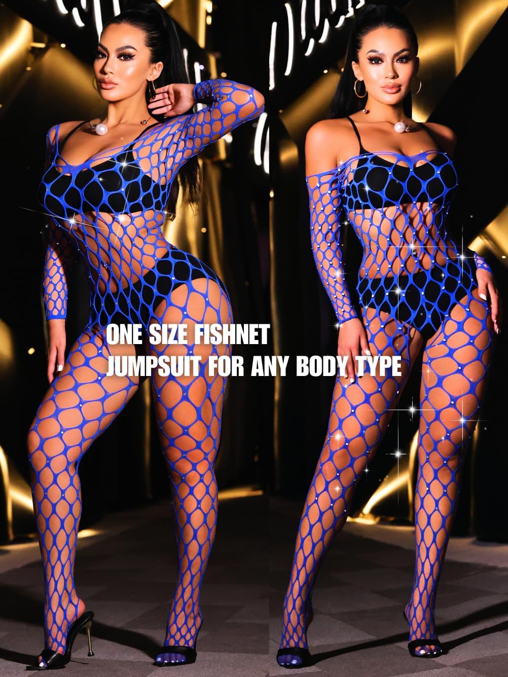 Fishnet Jumpsuit Fits All Size, Rave Outfits Sparkly Rhinestone, Sexy Exotic Dancewear For Women Plus Size - TrendyLookz