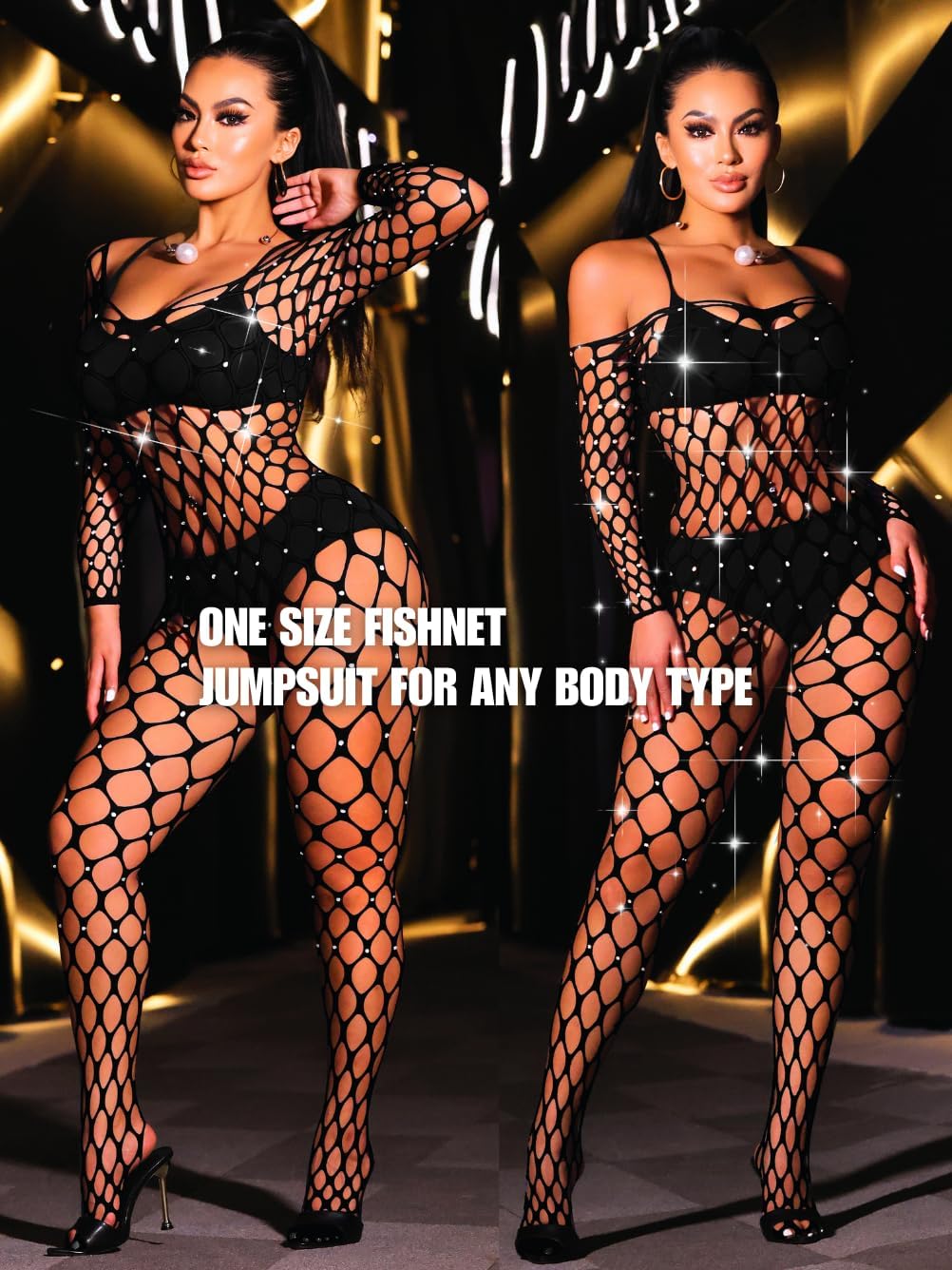Fishnet Jumpsuit Fits All Size, Rave Outfits Sparkly Rhinestone, Sexy Exotic Dancewear For Women Plus Size - TrendyLookz