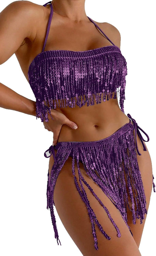 FlatterMe Bikini Sets Contrast Sequin Fringe Trim Halter Tie Side Swimsuit - TrendyLookz