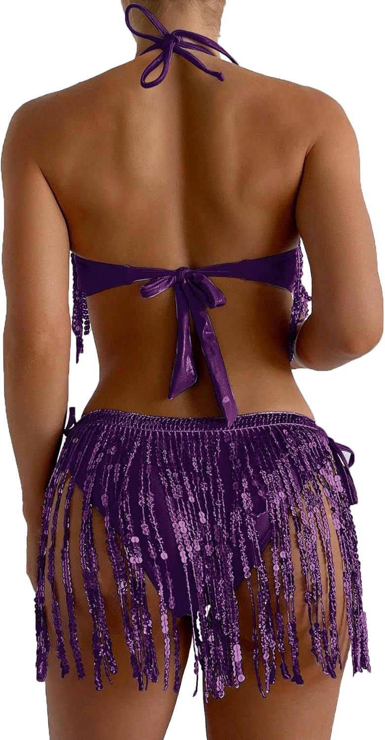 FlatterMe Bikini Sets Contrast Sequin Fringe Trim Halter Tie Side Swimsuit - TrendyLookz