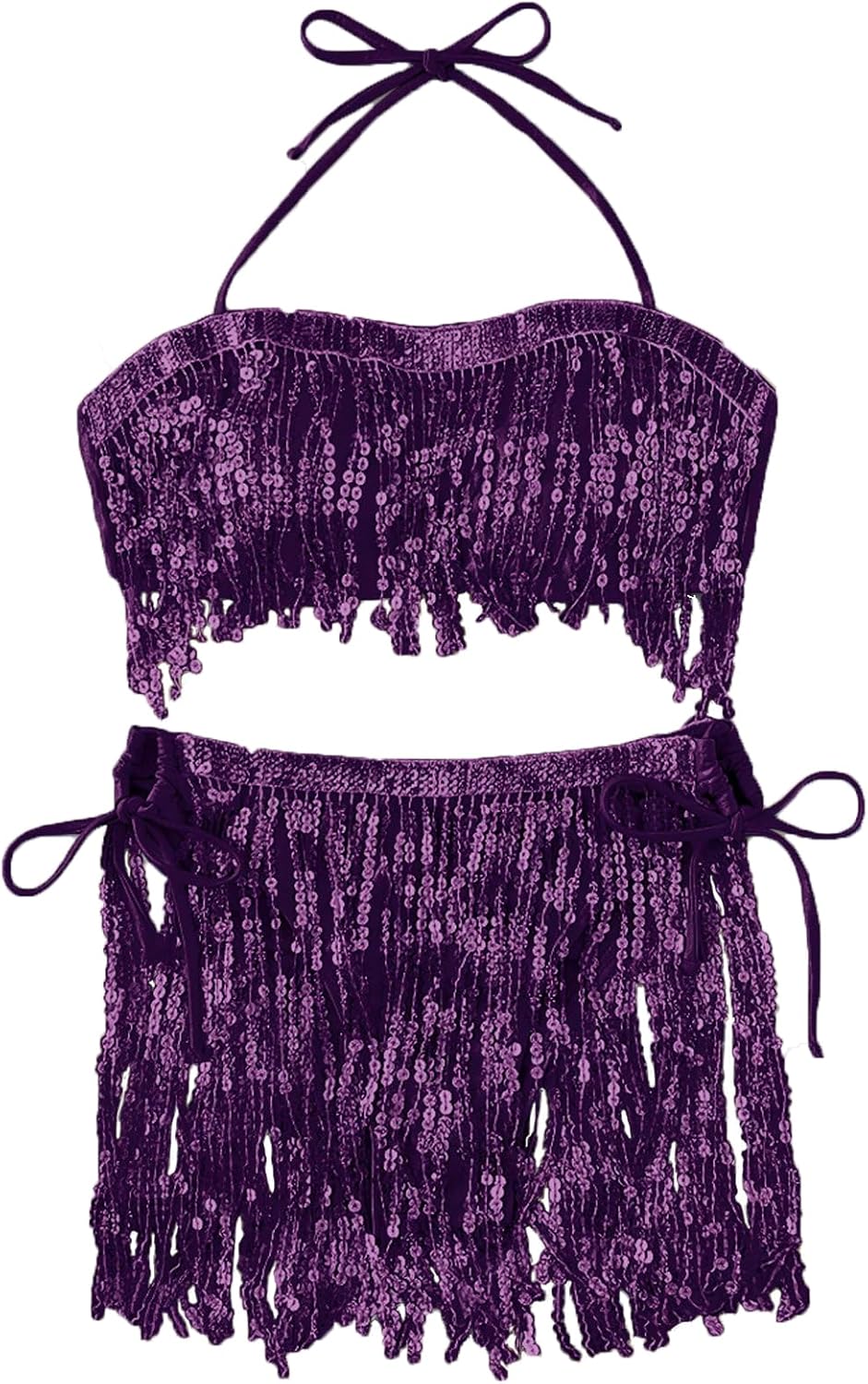 FlatterMe Bikini Sets Contrast Sequin Fringe Trim Halter Tie Side Swimsuit - TrendyLookz