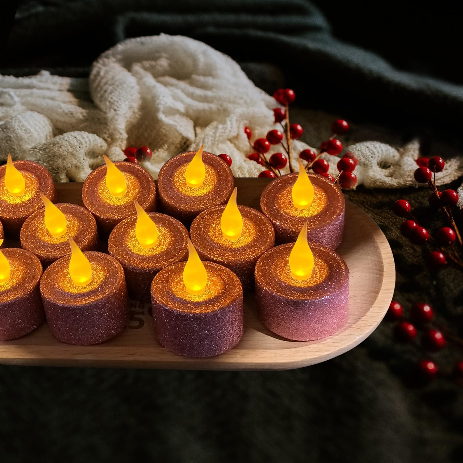 FURORA LIGHTING Pink Glitter LED Tealight Candles Pack of 12, Flameless Flickering Tealight Candles for Home Décor, 1.5’’(W) x 1.65’’(H), Battery Operated - TrendyLookz