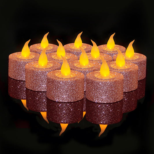 FURORA LIGHTING Pink Glitter LED Tealight Candles Pack of 12, Flameless Flickering Tealight Candles for Home Décor, 1.5’’(W) x 1.65’’(H), Battery Operated - TrendyLookz