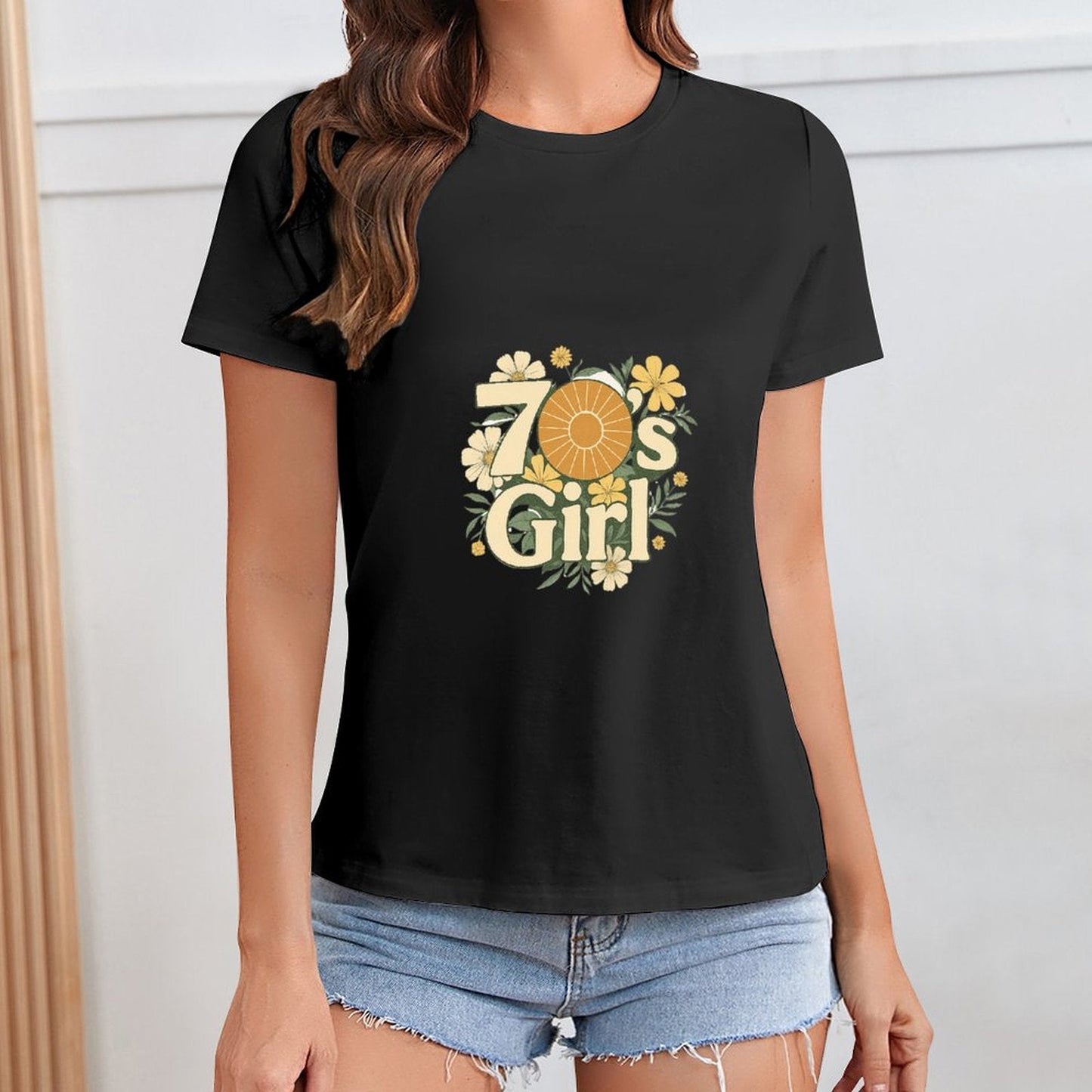 Gildan T-shirt Women 70s Floral Retro Vibes Spring and Summer Round Neck Short - sleeved Tops Women's Casual Sports T-shirt - TrendyLookz
