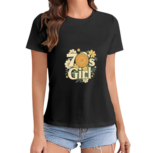 Gildan T-shirt Women 70s Floral Retro Vibes Spring and Summer Round Neck Short - sleeved Tops Women's Casual Sports T-shirt - TrendyLookz