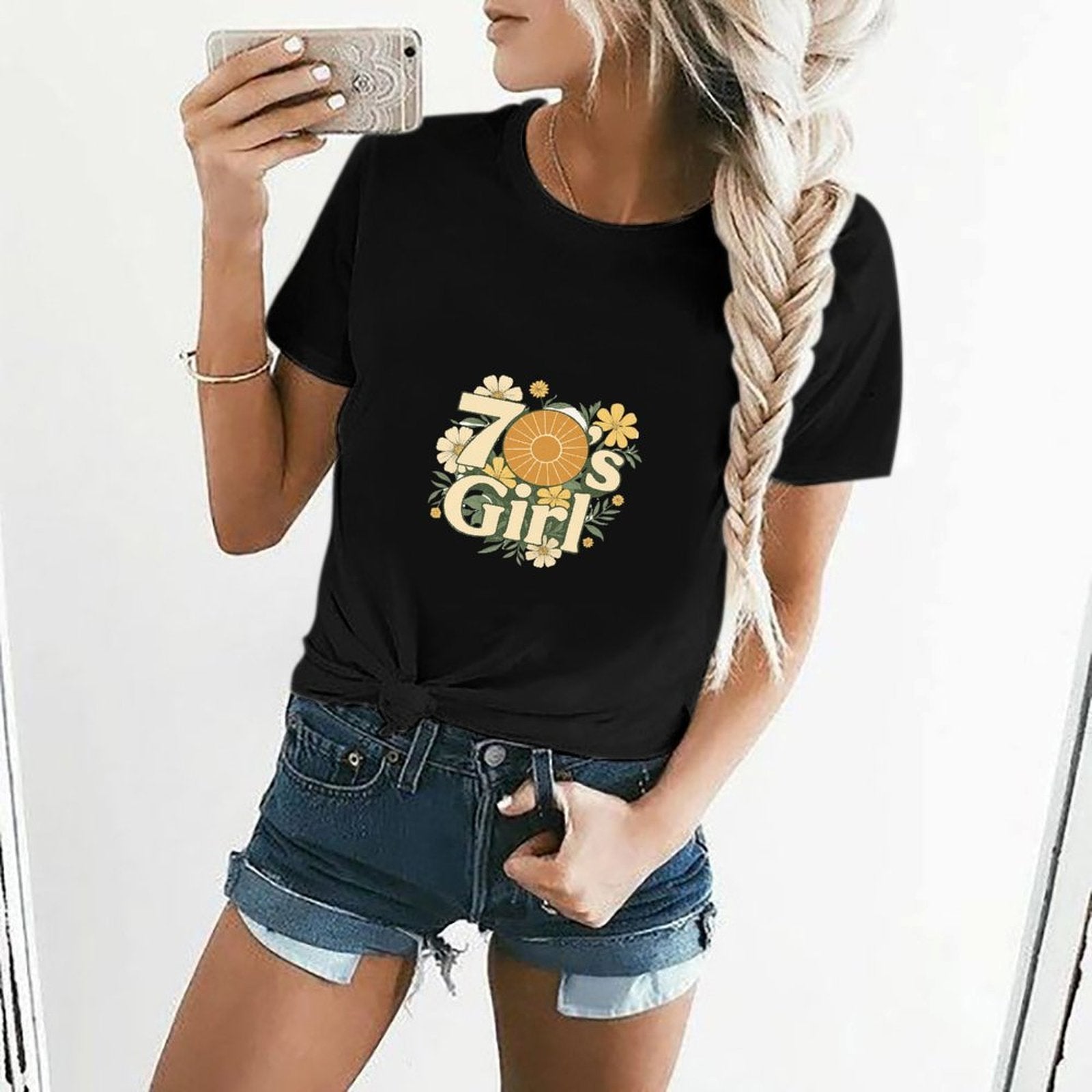 Gildan T-shirt Women 70s Floral Retro Vibes Spring and Summer Round Neck Short - sleeved Tops Women's Casual Sports T-shirt - TrendyLookz