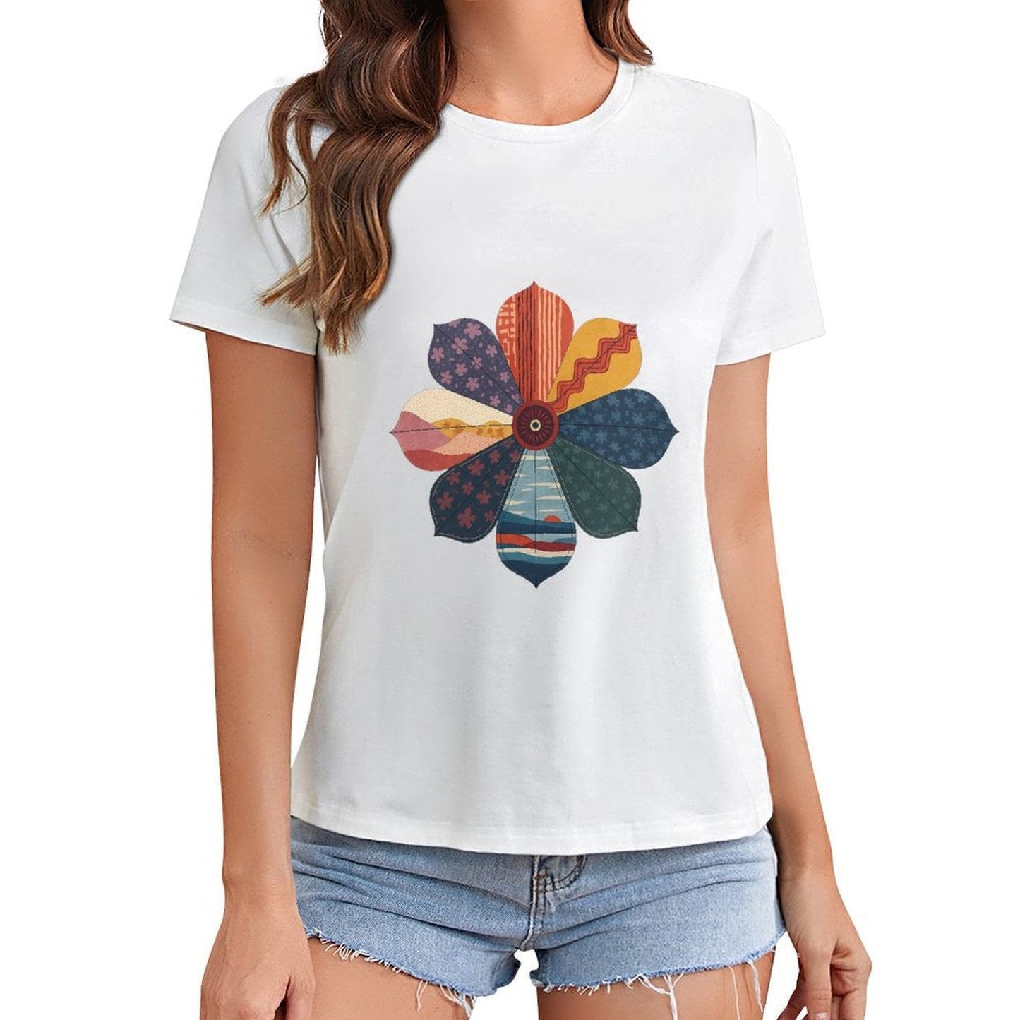 Gildan T-shirt Women Abstract Floral Pattern Design Spring and Summer Round Neck Short - sleeved Tops Women's Casual Sports T-shirt - TrendyLookz