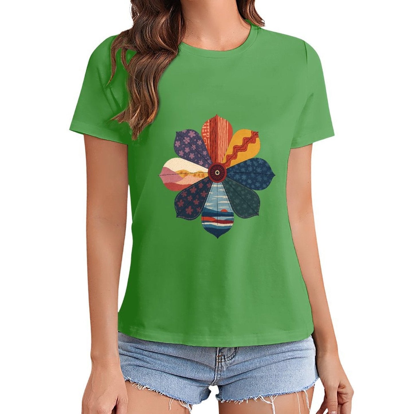 Gildan T-shirt Women Abstract Floral Pattern Design Spring and Summer Round Neck Short - sleeved Tops Women's Casual Sports T-shirt - TrendyLookz
