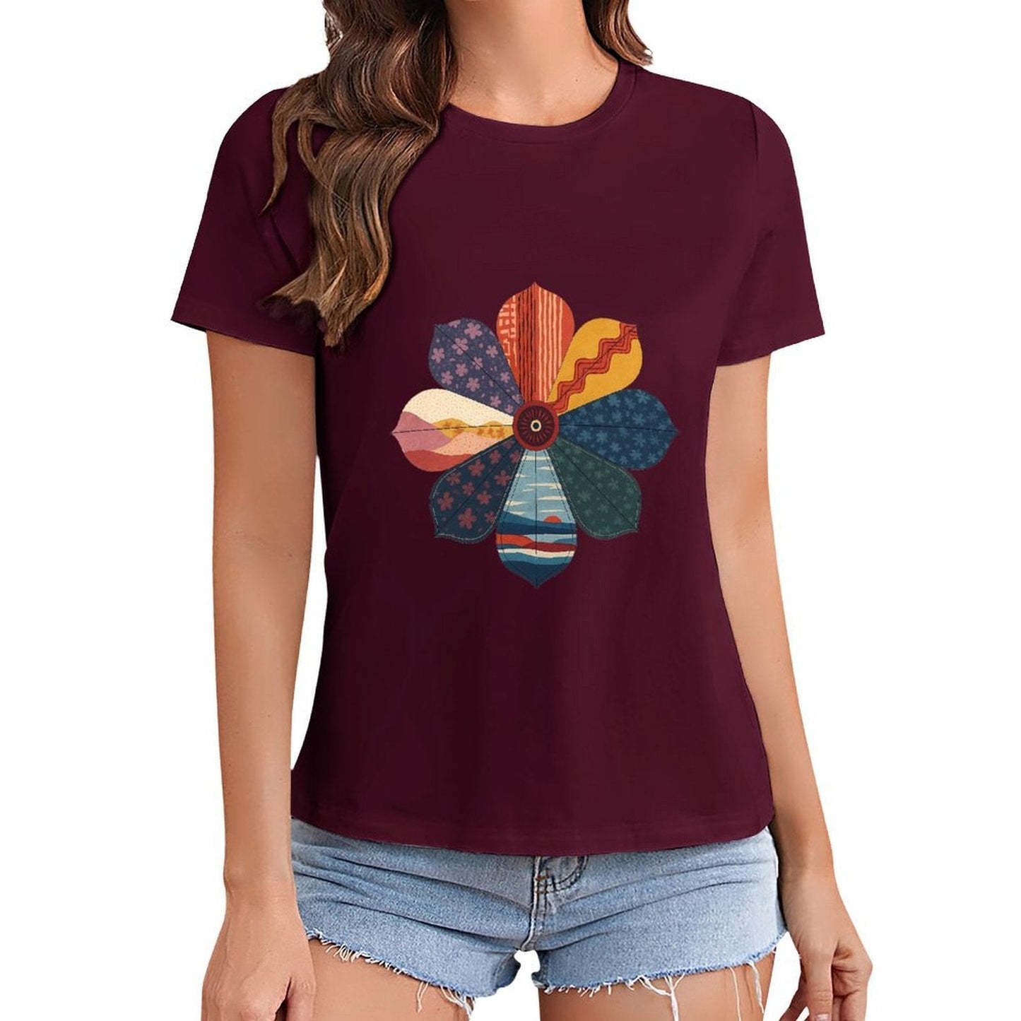 Gildan T-shirt Women Abstract Floral Pattern Design Spring and Summer Round Neck Short - sleeved Tops Women's Casual Sports T-shirt - TrendyLookz