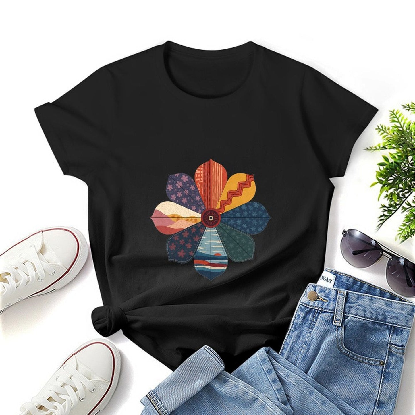 Gildan T-shirt Women Abstract Floral Pattern Design Spring and Summer Round Neck Short - sleeved Tops Women's Casual Sports T-shirt - TrendyLookz