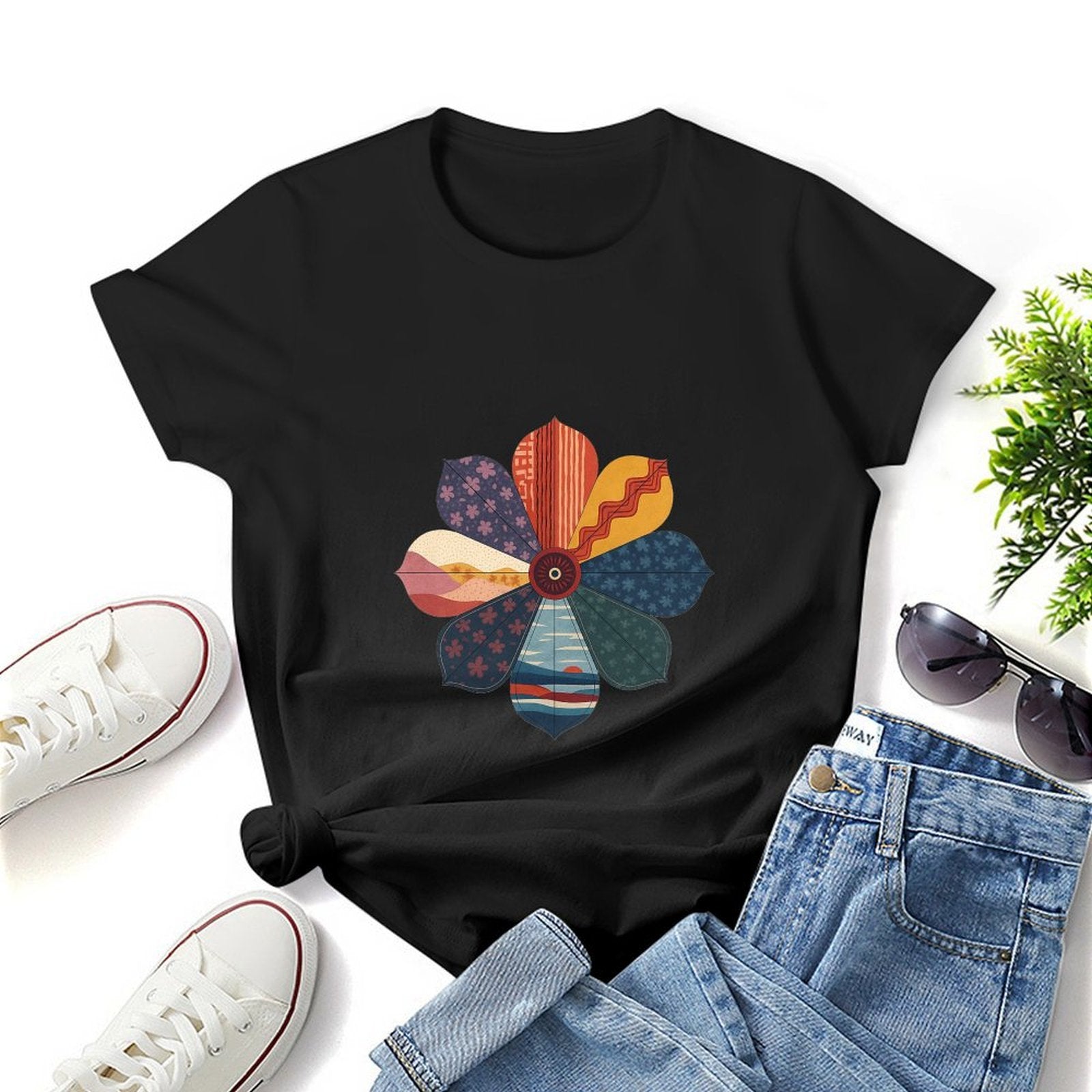Gildan T-shirt Women Abstract Floral Pattern Design Spring and Summer Round Neck Short - sleeved Tops Women's Casual Sports T-shirt - TrendyLookz