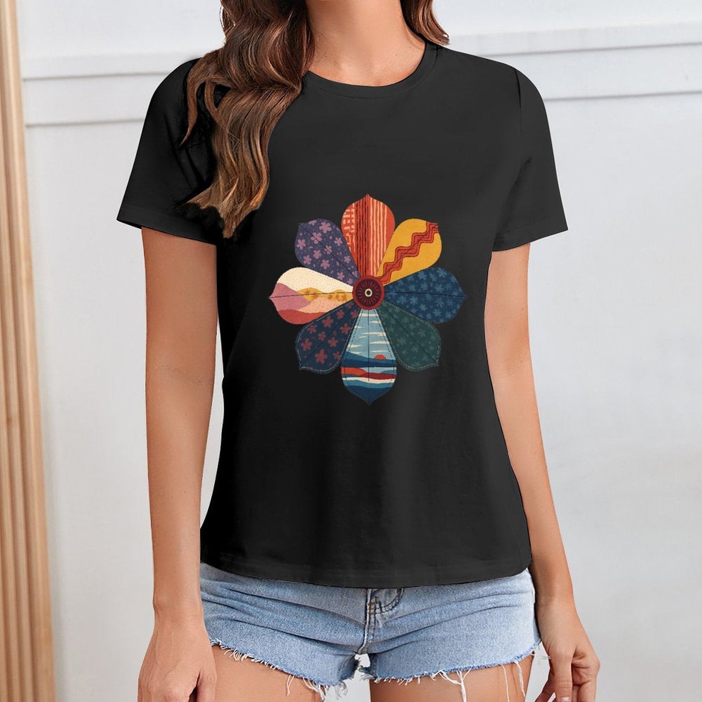Gildan T-shirt Women Abstract Floral Pattern Design Spring and Summer Round Neck Short - sleeved Tops Women's Casual Sports T-shirt - TrendyLookz