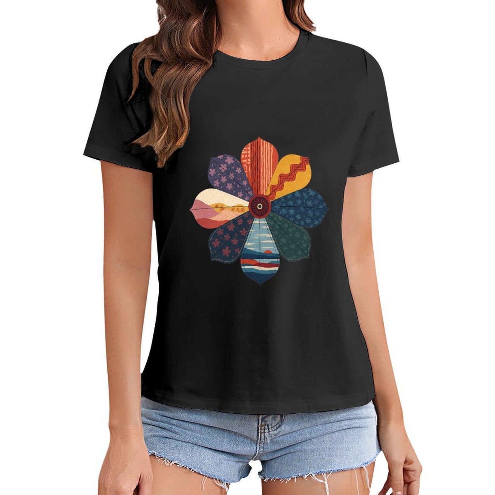 Gildan T-shirt Women Abstract Floral Pattern Design Spring and Summer Round Neck Short - sleeved Tops Women's Casual Sports T-shirt - TrendyLookz