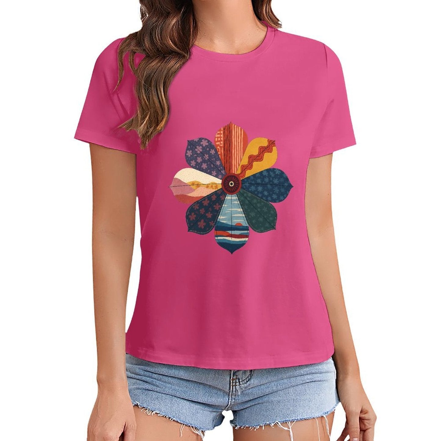 Gildan T-shirt Women Abstract Floral Pattern Design Spring and Summer Round Neck Short - sleeved Tops Women's Casual Sports T-shirt - TrendyLookz