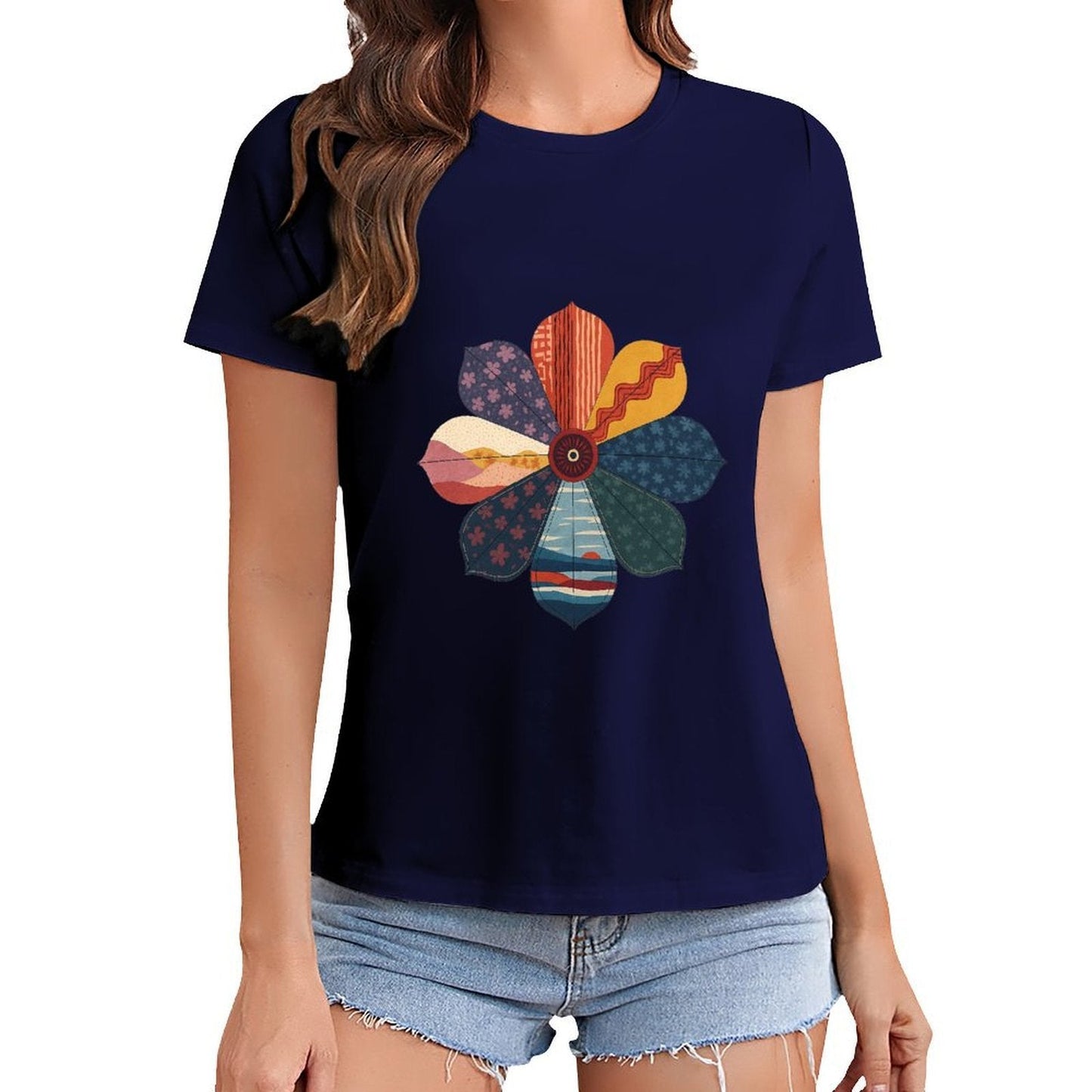 Gildan T-shirt Women Abstract Floral Pattern Design Spring and Summer Round Neck Short - sleeved Tops Women's Casual Sports T-shirt - TrendyLookz