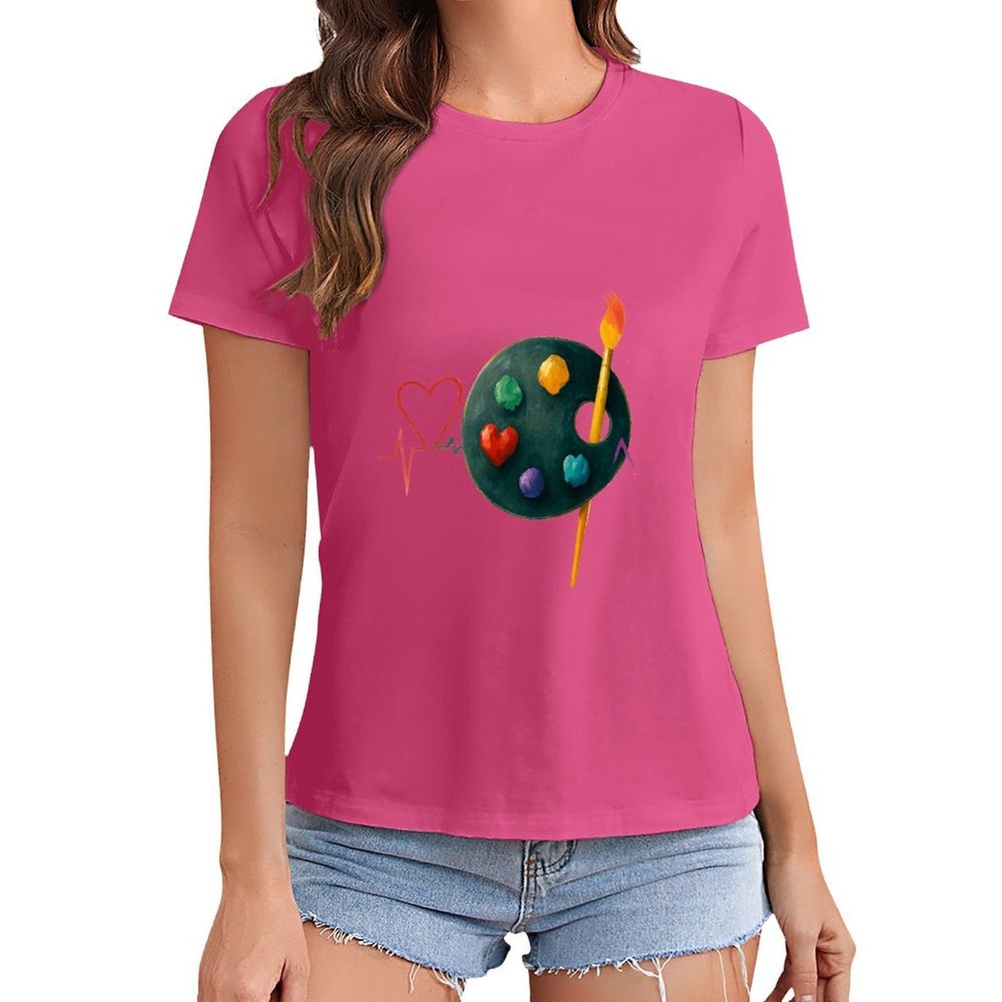 Gildan T-shirt Women Artistic Heartbeat Connection Spring and Summer Round Neck Short - sleeved Tops Women's Casual Sports T-shirt - TrendyLookz