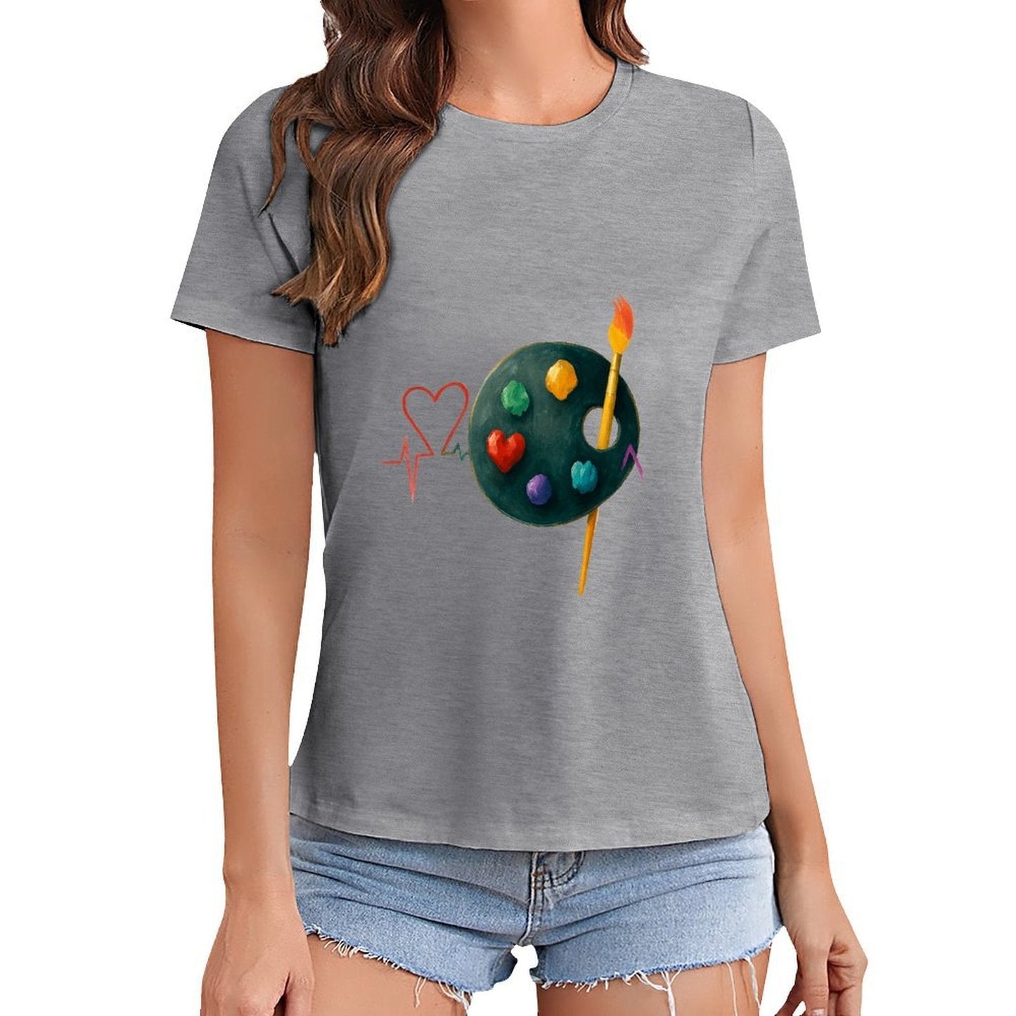 Gildan T-shirt Women Artistic Heartbeat Connection Spring and Summer Round Neck Short - sleeved Tops Women's Casual Sports T-shirt - TrendyLookz