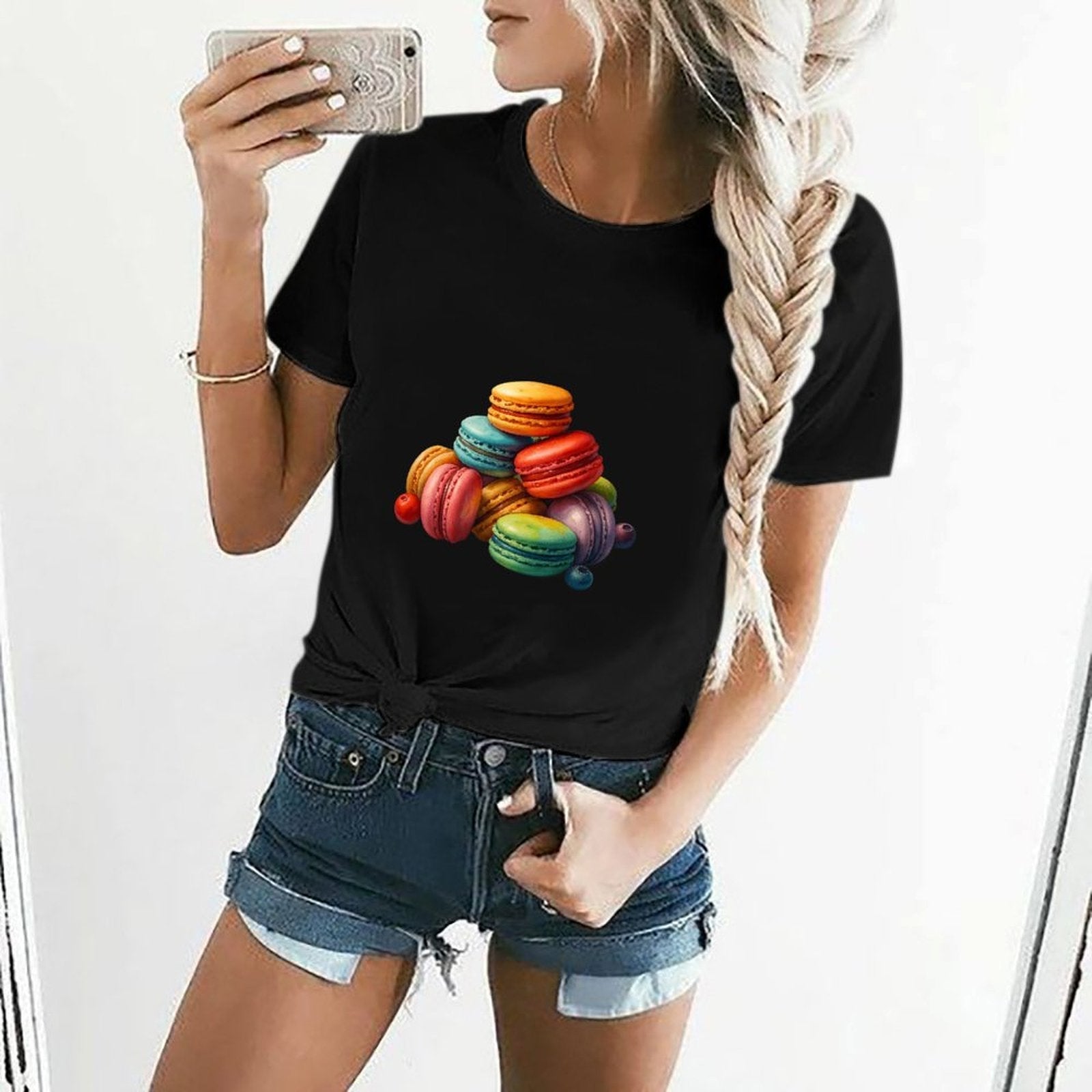 Gildan T-shirt Women Colorful Macarons with Fruits Spring and Summer Round Neck Short - sleeved Tops Women's Casual Sports T-shirt - TrendyLookz