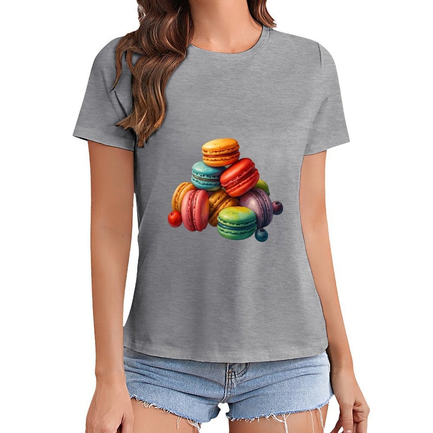 Gildan T-shirt Women Colorful Macarons with Fruits Spring and Summer Round Neck Short - sleeved Tops Women's Casual Sports T-shirt - TrendyLookz