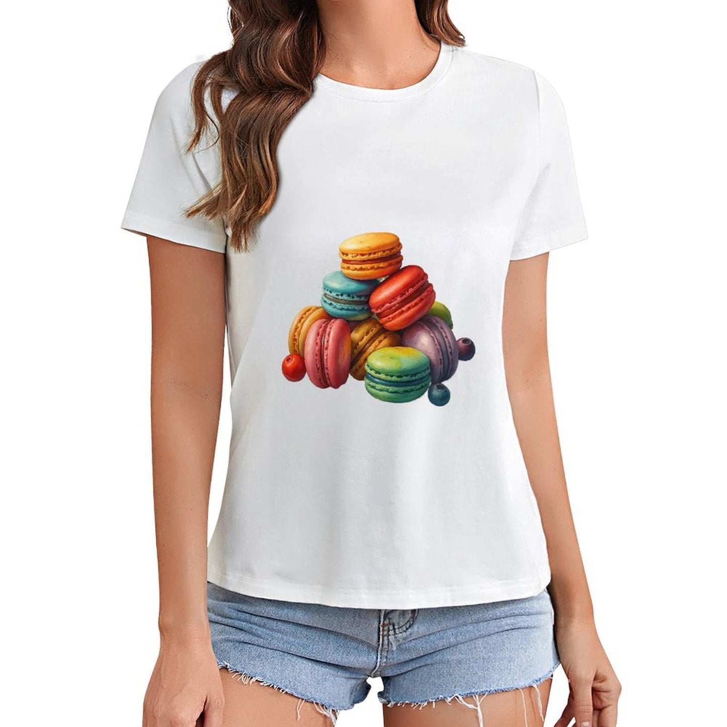 Gildan T-shirt Women Colorful Macarons with Fruits Spring and Summer Round Neck Short - sleeved Tops Women's Casual Sports T-shirt - TrendyLookz