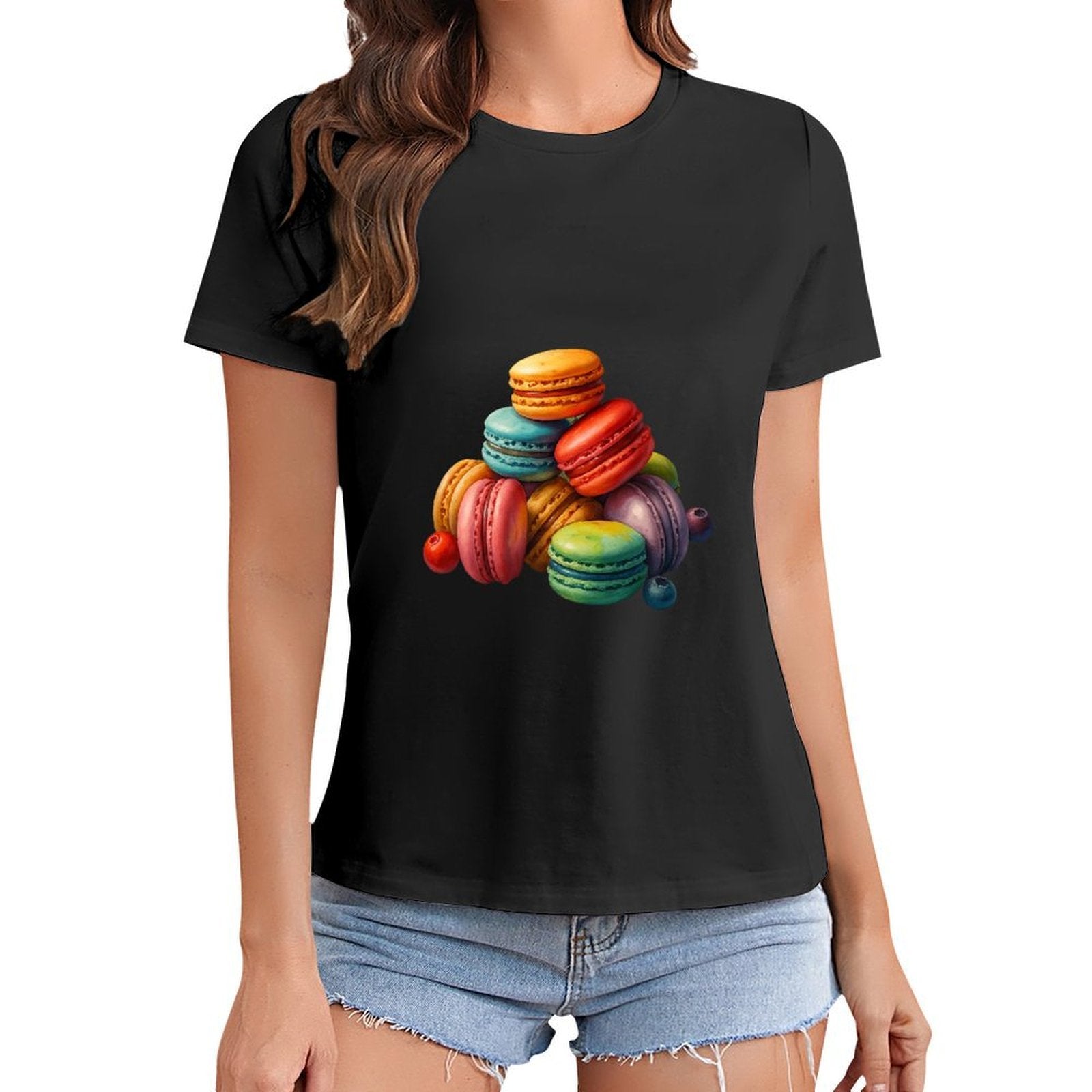 Gildan T-shirt Women Colorful Macarons with Fruits Spring and Summer Round Neck Short - sleeved Tops Women's Casual Sports T-shirt - TrendyLookz