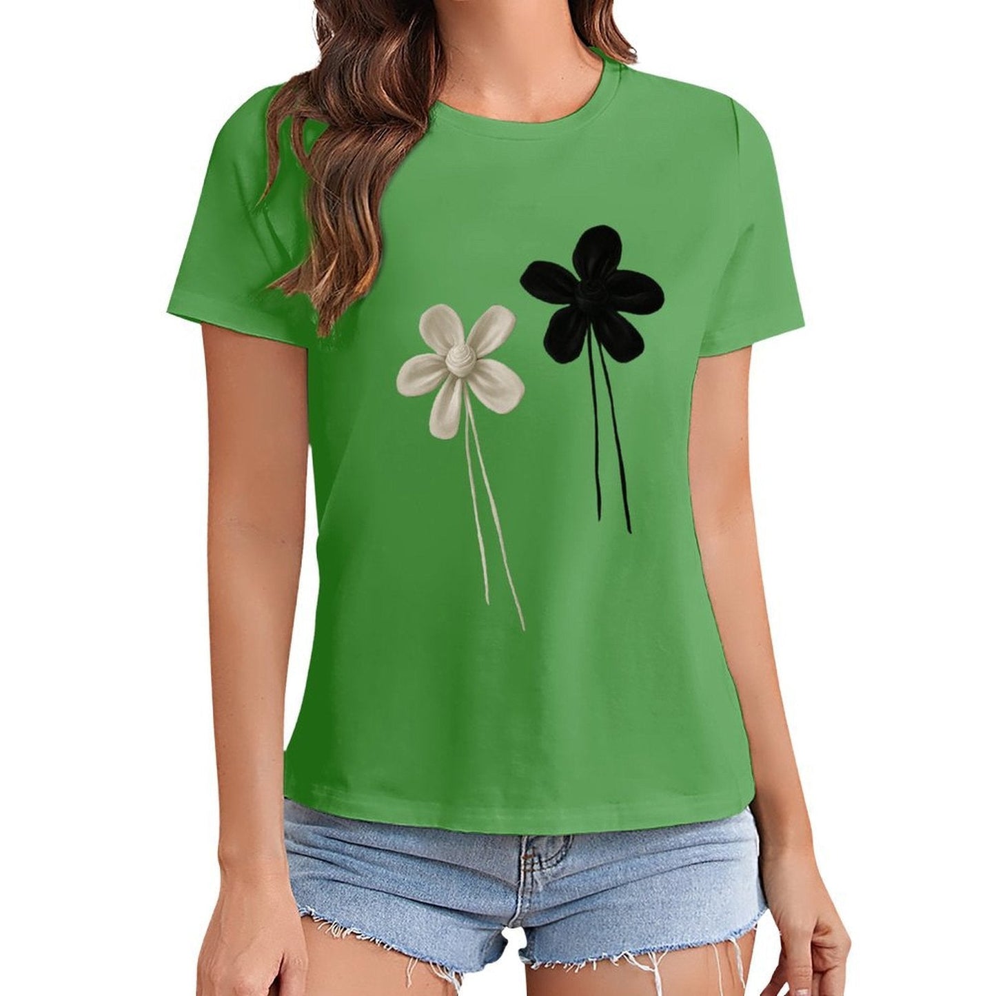 Gildan T-shirt Women Contrast of Black And White Flowers Spring and Summer Round Neck Short - sleeved Tops Women's Casual Sports T-shirt - TrendyLookz