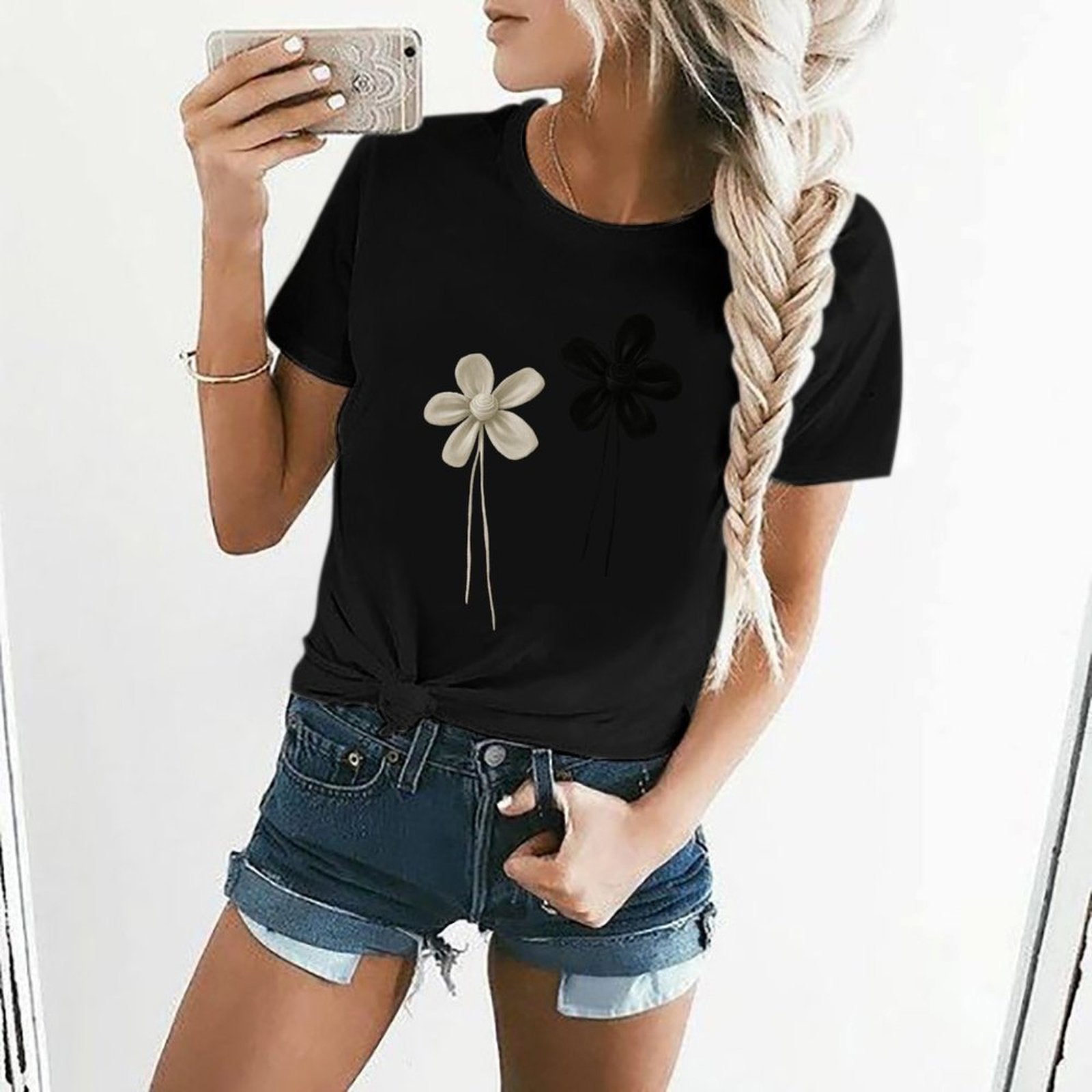 Gildan T-shirt Women Contrast of Black And White Flowers Spring and Summer Round Neck Short - sleeved Tops Women's Casual Sports T-shirt - TrendyLookz