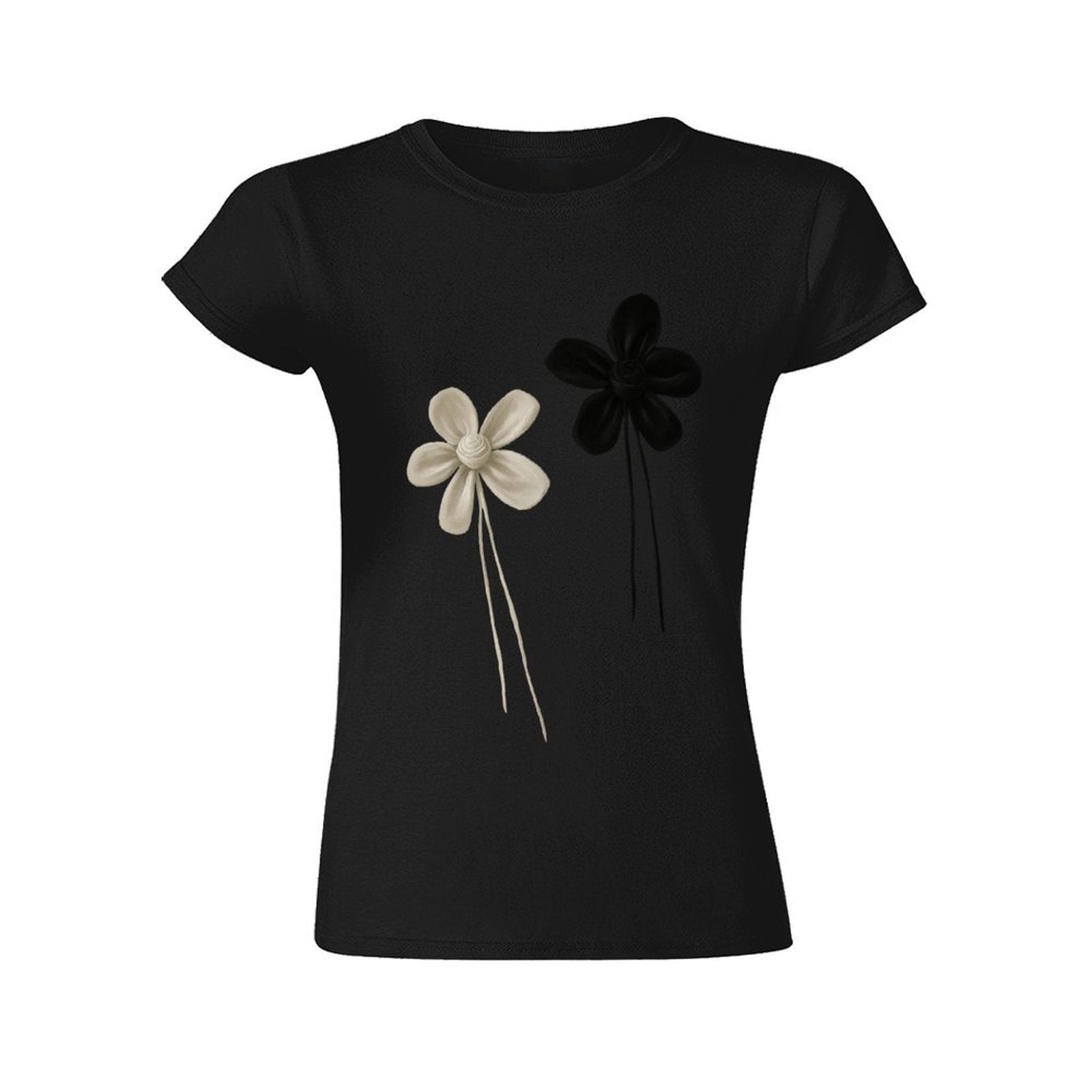 Gildan T-shirt Women Contrast of Black And White Flowers Spring and Summer Round Neck Short - sleeved Tops Women's Casual Sports T-shirt - TrendyLookz