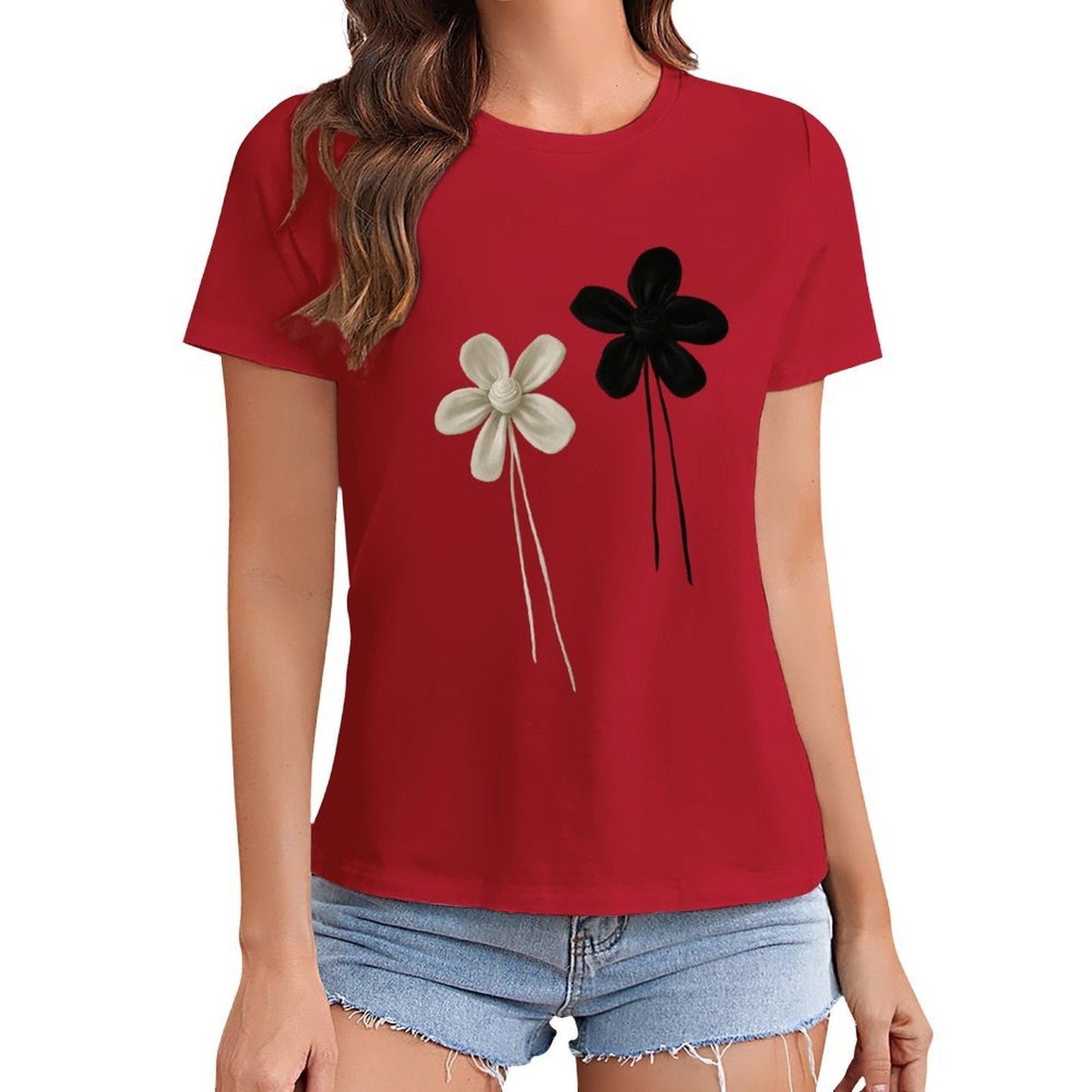 Gildan T-shirt Women Contrast of Black And White Flowers Spring and Summer Round Neck Short - sleeved Tops Women's Casual Sports T-shirt - TrendyLookz