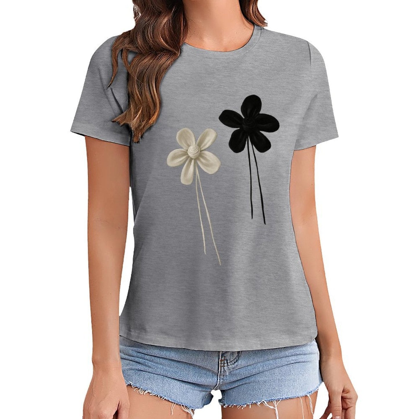 Gildan T-shirt Women Contrast of Black And White Flowers Spring and Summer Round Neck Short - sleeved Tops Women's Casual Sports T-shirt - TrendyLookz