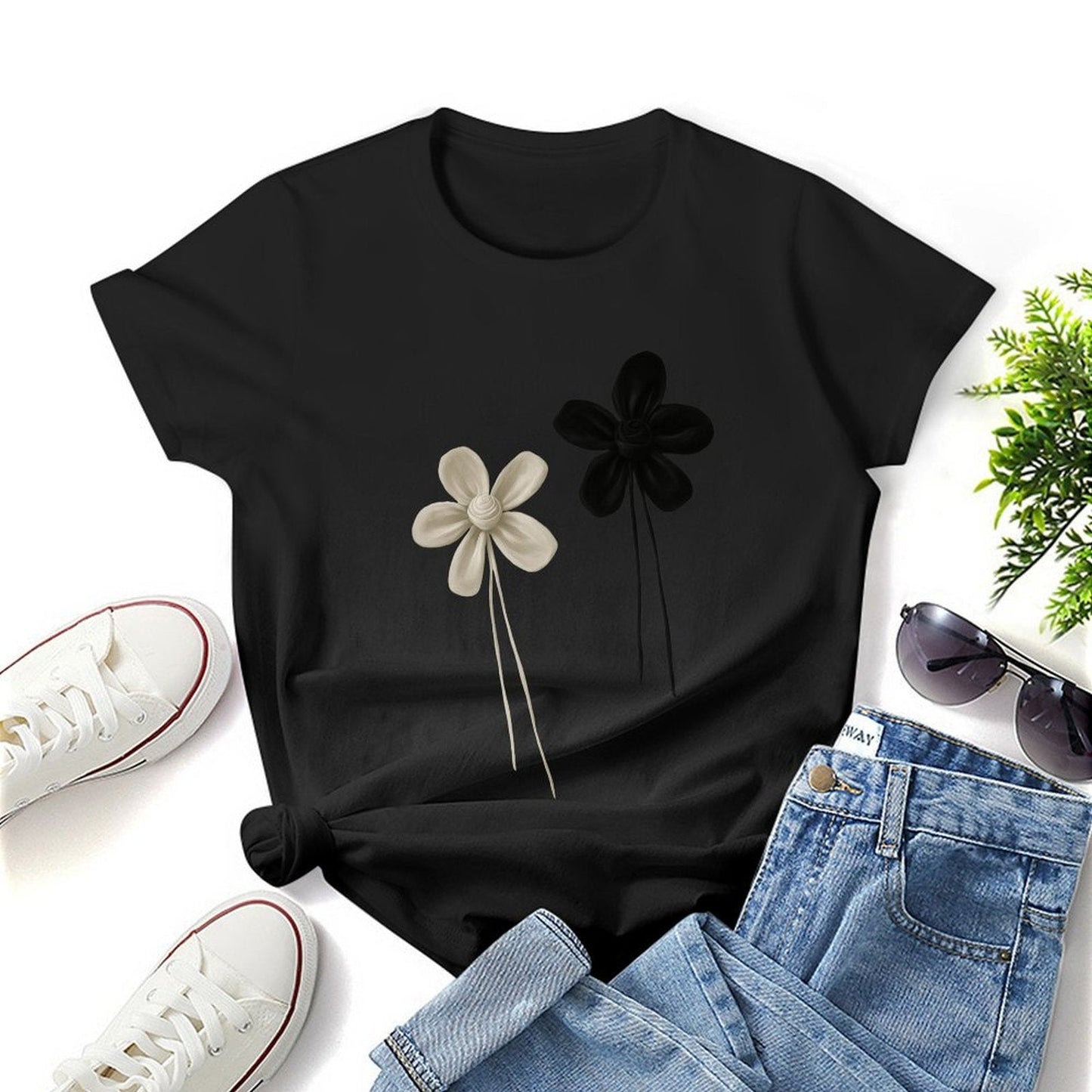 Gildan T-shirt Women Contrast of Black And White Flowers Spring and Summer Round Neck Short - sleeved Tops Women's Casual Sports T-shirt - TrendyLookz