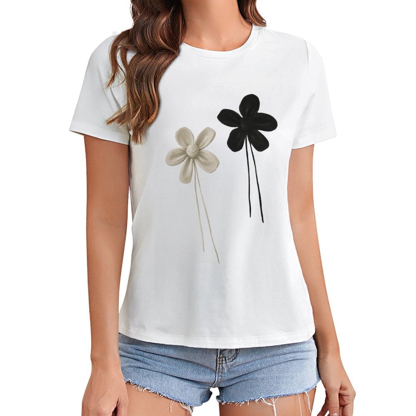Gildan T-shirt Women Contrast of Black And White Flowers Spring and Summer Round Neck Short - sleeved Tops Women's Casual Sports T-shirt - TrendyLookz