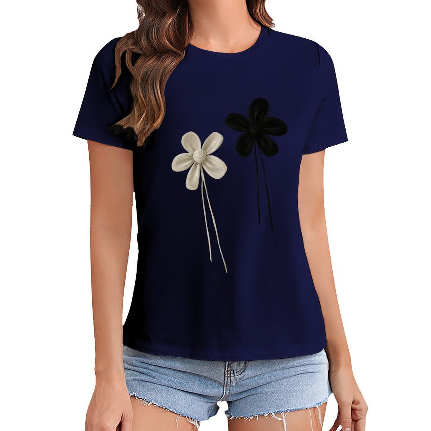 Gildan T-shirt Women Contrast of Black And White Flowers Spring and Summer Round Neck Short - sleeved Tops Women's Casual Sports T-shirt - TrendyLookz