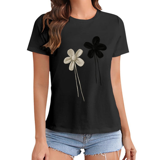 Gildan T-shirt Women Contrast of Black And White Flowers Spring and Summer Round Neck Short - sleeved Tops Women's Casual Sports T-shirt - TrendyLookz
