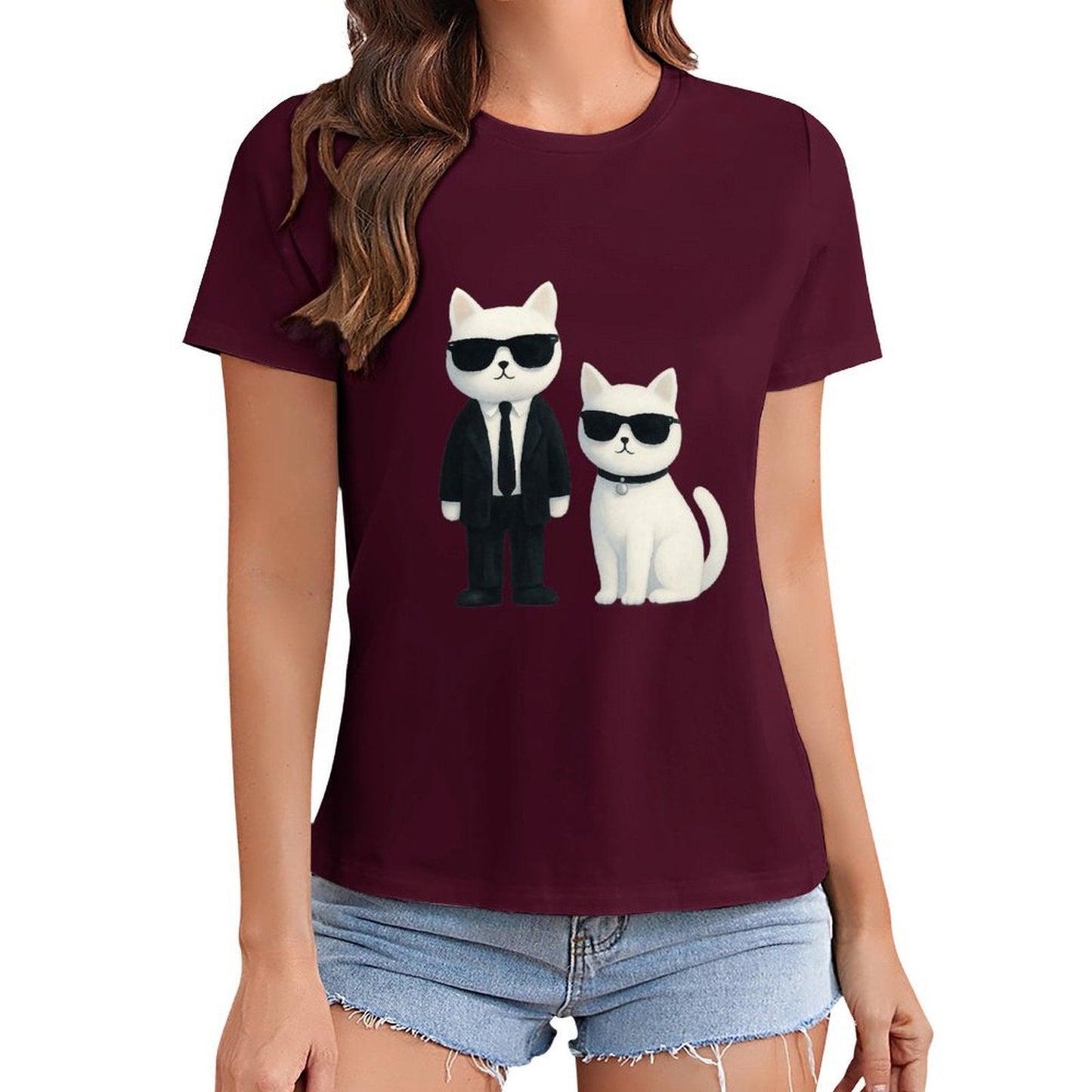 Gildan T-shirt Women Cool Cats in Sunglasses Spring and Summer Round Neck Short - sleeved Tops Women's Casual Sports T-shirt - TrendyLookz