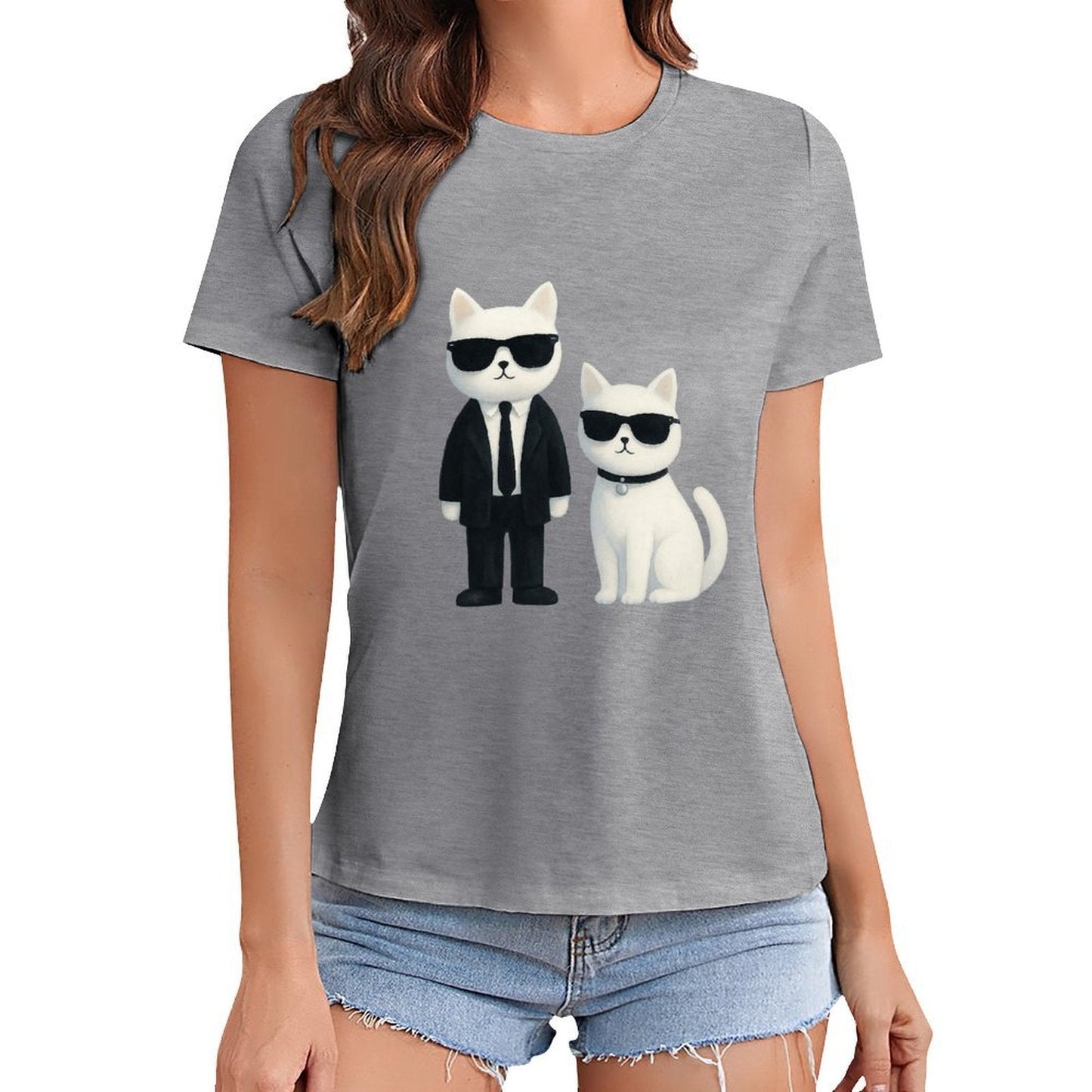 Gildan T-shirt Women Cool Cats in Sunglasses Spring and Summer Round Neck Short - sleeved Tops Women's Casual Sports T-shirt - TrendyLookz
