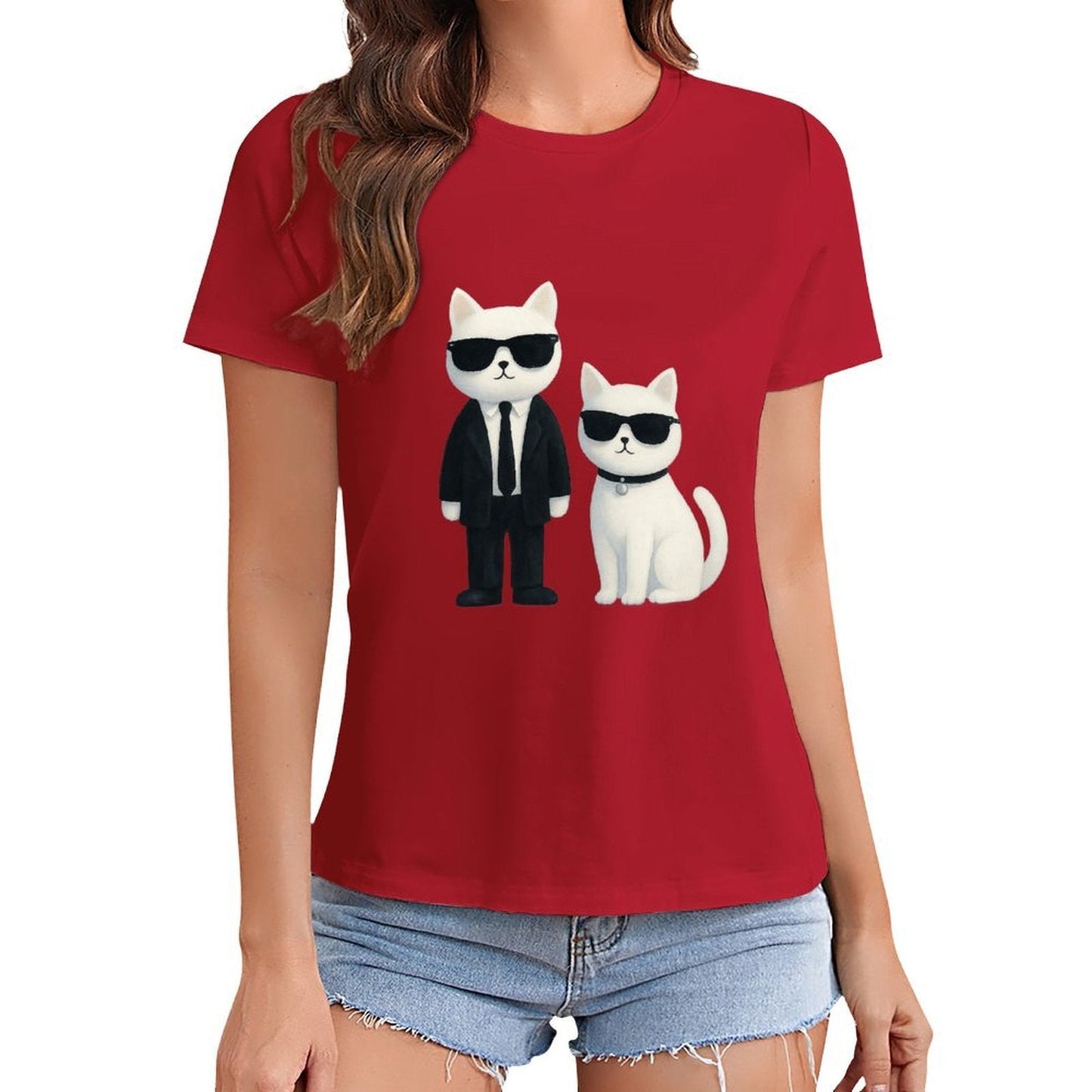 Gildan T-shirt Women Cool Cats in Sunglasses Spring and Summer Round Neck Short - sleeved Tops Women's Casual Sports T-shirt - TrendyLookz