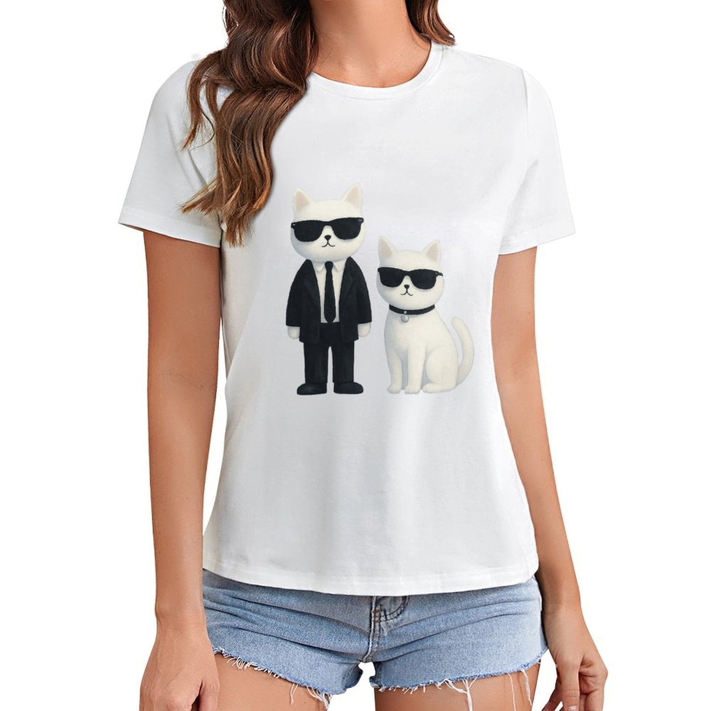 Gildan T-shirt Women Cool Cats in Sunglasses Spring and Summer Round Neck Short - sleeved Tops Women's Casual Sports T-shirt - TrendyLookz