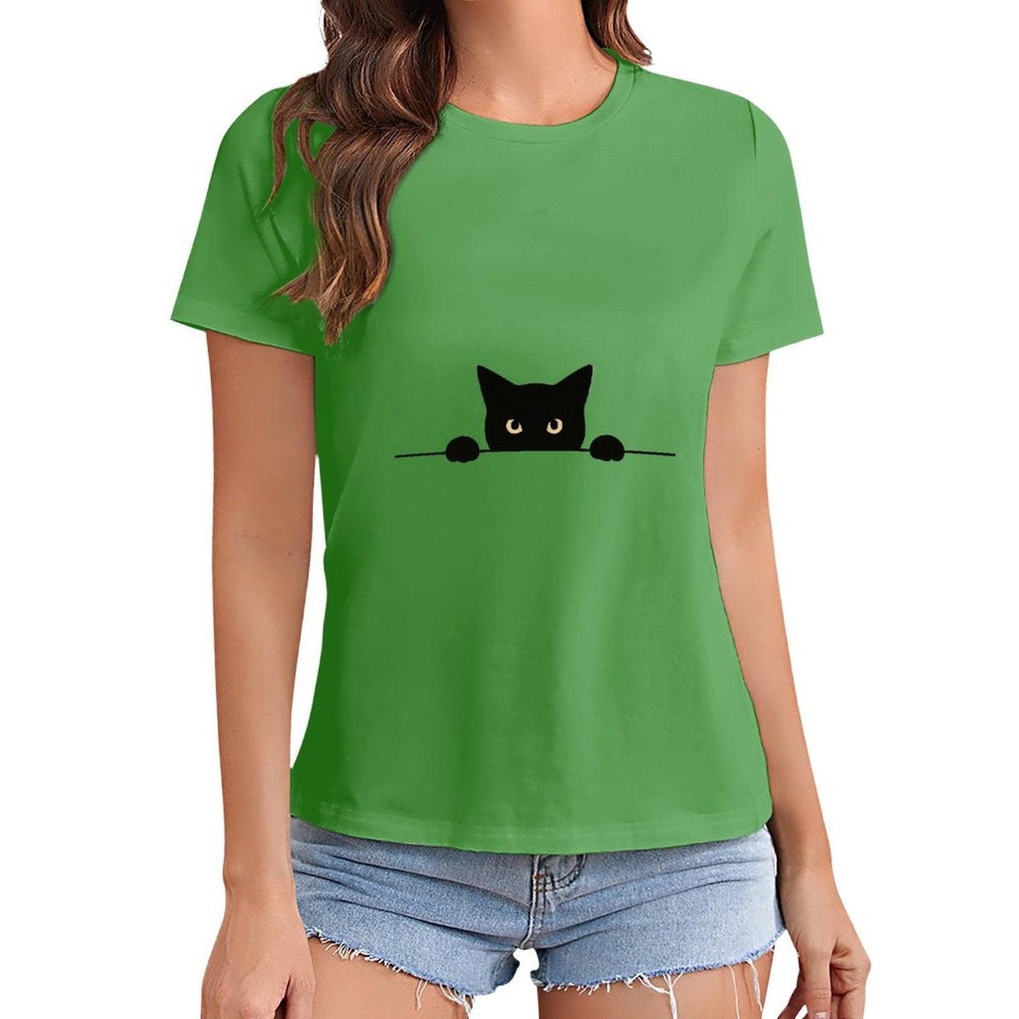 Gildan T-shirt Women Curious Cat Peeking Through Spring and Summer Round Neck Short - sleeved Tops Women's Casual Sports T-shirt - TrendyLookz