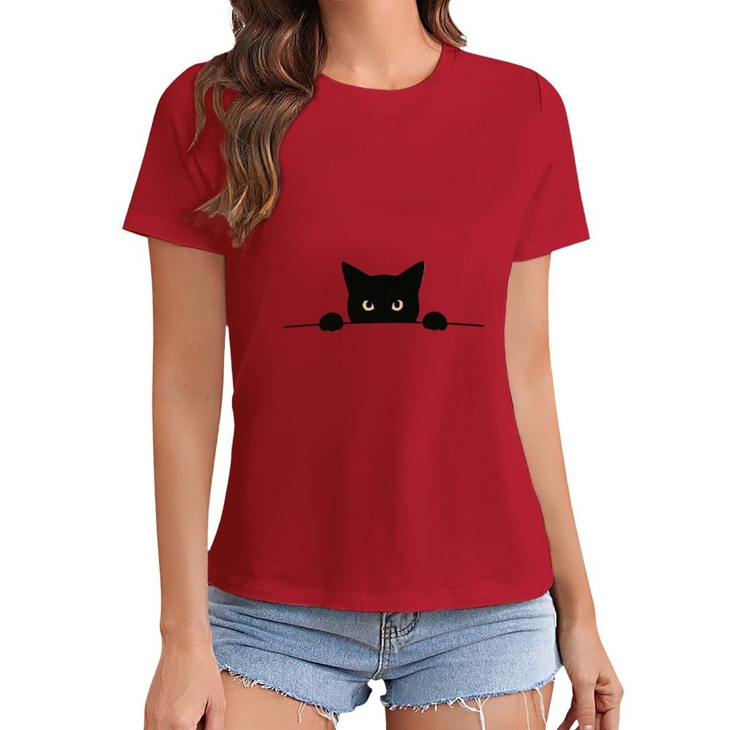 Gildan T-shirt Women Curious Cat Peeking Through Spring and Summer Round Neck Short - sleeved Tops Women's Casual Sports T-shirt - TrendyLookz