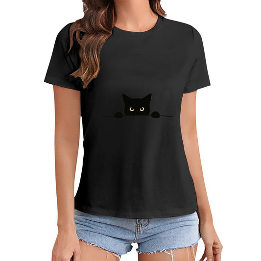 Gildan T-shirt Women Curious Cat Peeking Through Spring and Summer Round Neck Short - sleeved Tops Women's Casual Sports T-shirt - TrendyLookz